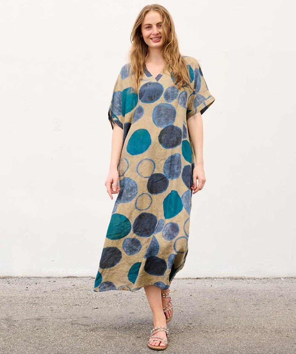 Ornella Caftan Blue Teal Polka Dot Boho V Neck Maxi Dress Caftan One Size OS NWT